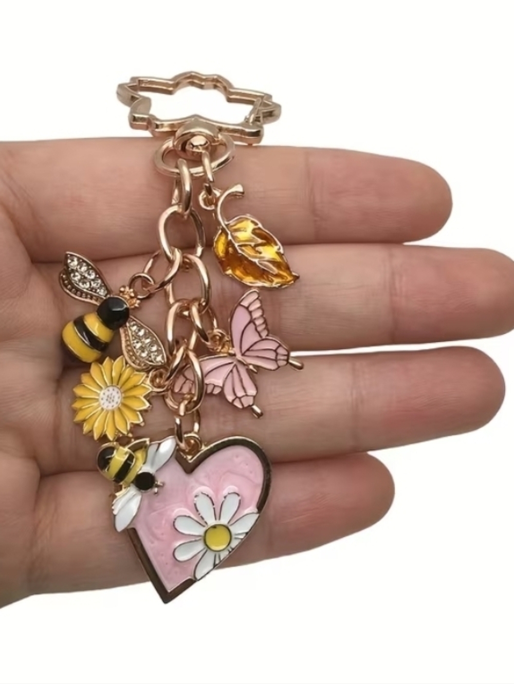 HANDMADE SUMMER THEME KEYCHAIN BEES BUTTERFLY FLOWER BAG ACCESSORY PINK OR BLUE - Picture 1 of 4